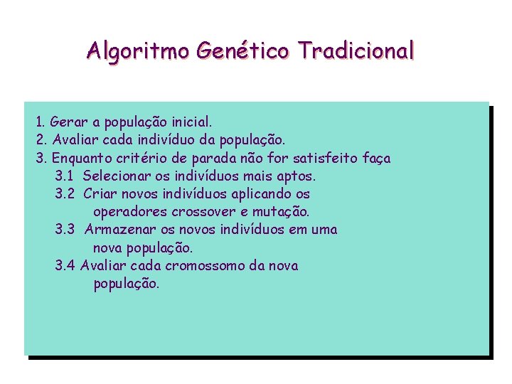 Algoritmo Genético Tradicional 1. Gerar a população inicial. 2. Avaliar cada indivíduo da população.