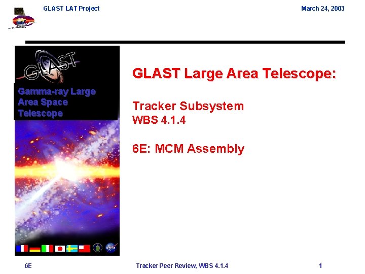 GLAST LAT Project March 24, 2003 GLAST Large Area Telescope: Gamma-ray Large Area Space