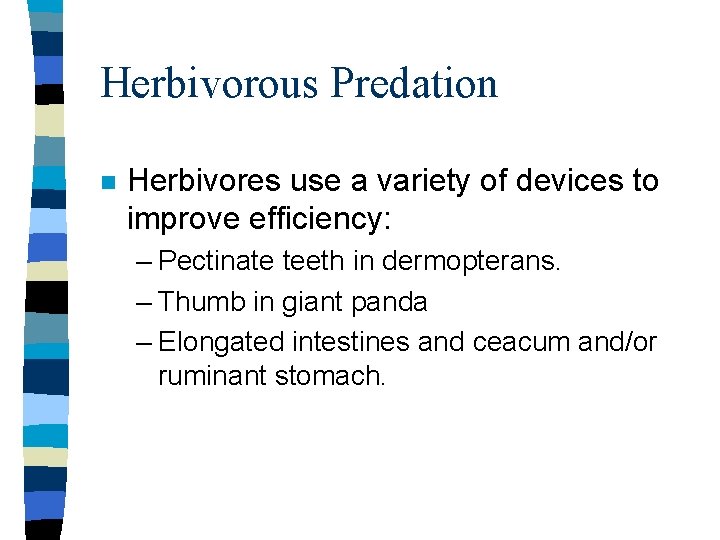 Herbivorous Predation n Herbivores use a variety of devices to improve efficiency: – Pectinate