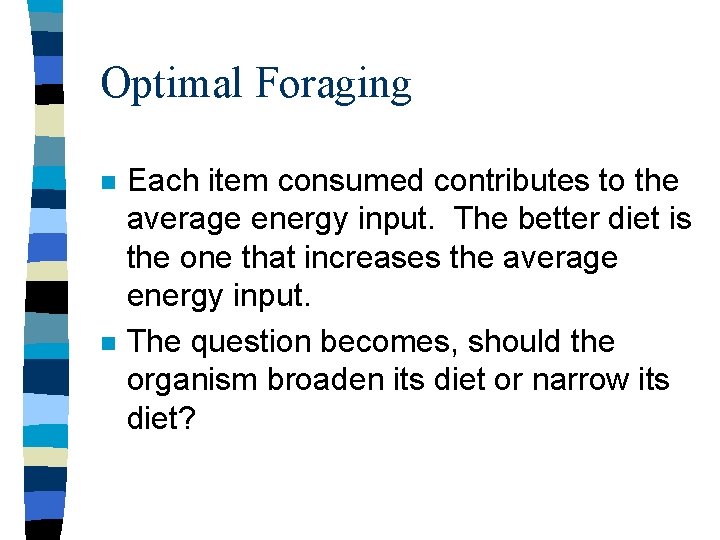 Optimal Foraging n n Each item consumed contributes to the average energy input. The