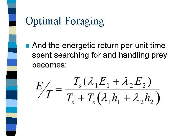 Optimal Foraging n And the energetic return per unit time spent searching for and