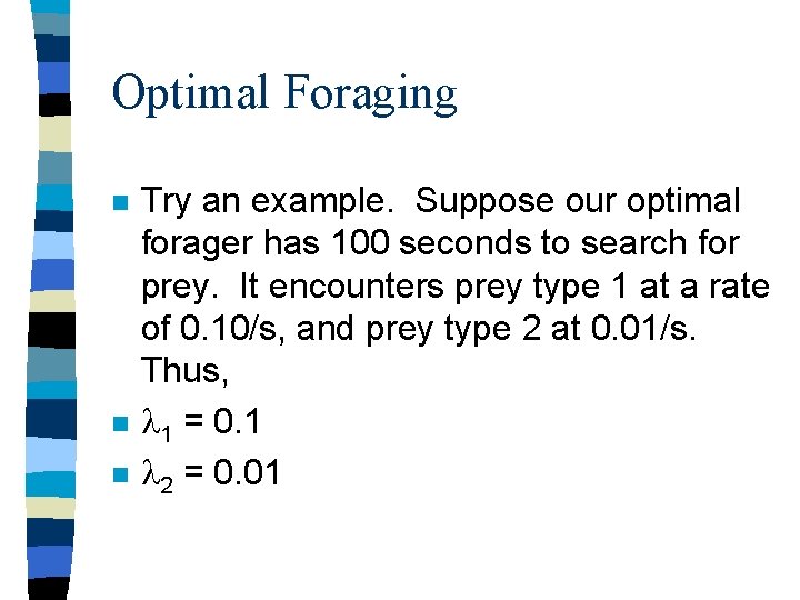 Optimal Foraging n n n Try an example. Suppose our optimal forager has 100