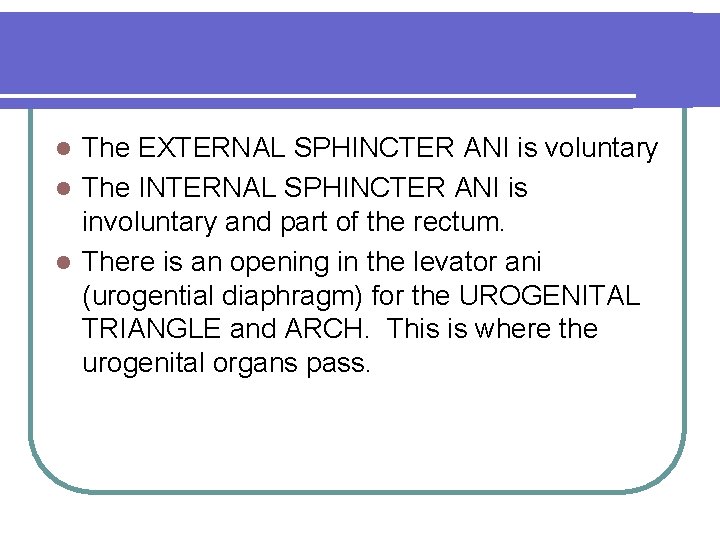 The EXTERNAL SPHINCTER ANI is voluntary l The INTERNAL SPHINCTER ANI is involuntary and