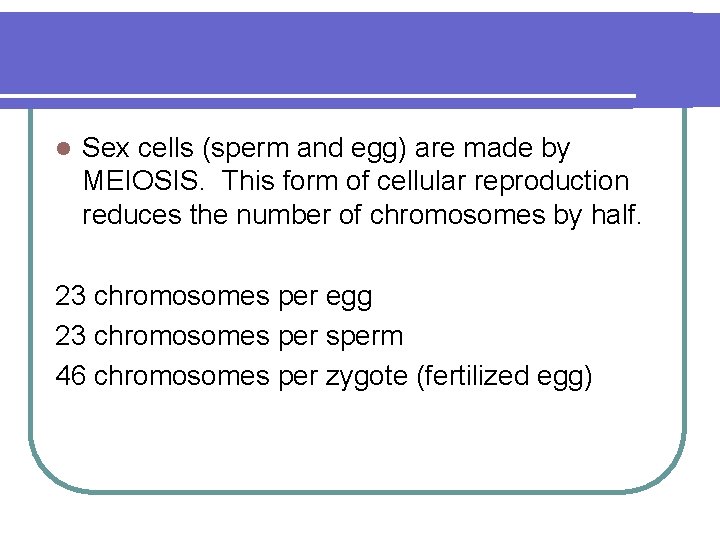 l Sex cells (sperm and egg) are made by MEIOSIS. This form of cellular