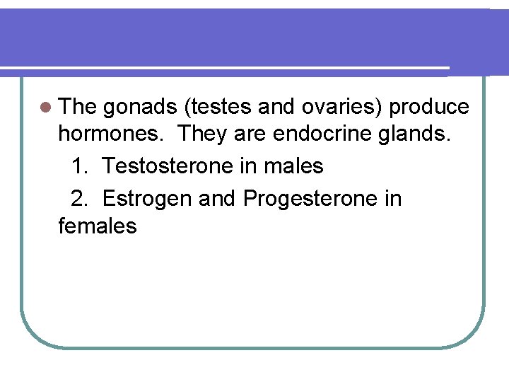 l The gonads (testes and ovaries) produce hormones. They are endocrine glands. 1. Testosterone