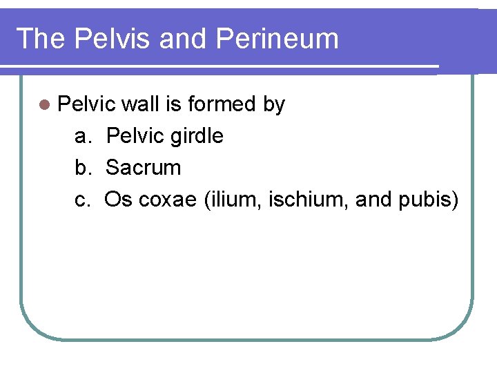 The Pelvis and Perineum l Pelvic wall is formed by a. Pelvic girdle b.