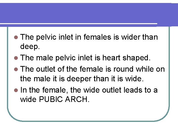 l The pelvic inlet in females is wider than deep. l The male pelvic