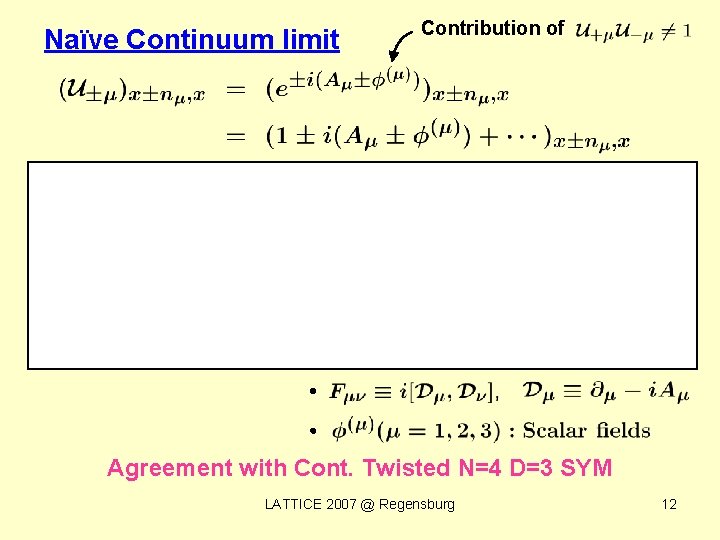Naïve Continuum limit Contribution of Agreement with Cont. Twisted N=4 D=3 SYM LATTICE 2007