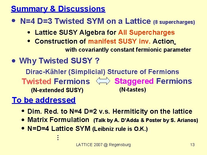 Summary & Discussions N=4 D=3 Twisted SYM on a Lattice (8 supercharges) Lattice SUSY