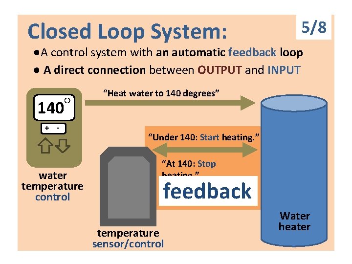 Closed Loop System: 5/8 ●A control system with an automatic feedback loop ● A Closed Loop System: 5/8 ●A control system with an automatic feedback loop ● A