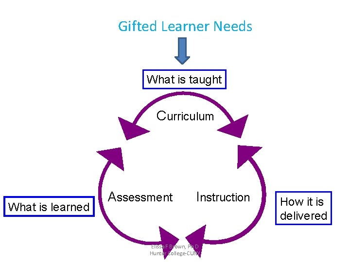 Gifted Learner Needs What is taught Curriculum What is learned Assessment Instruction Elissa F