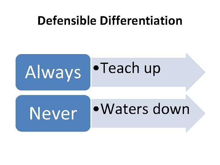Defensible Differentiation • Teach up Always • Waters down Never 