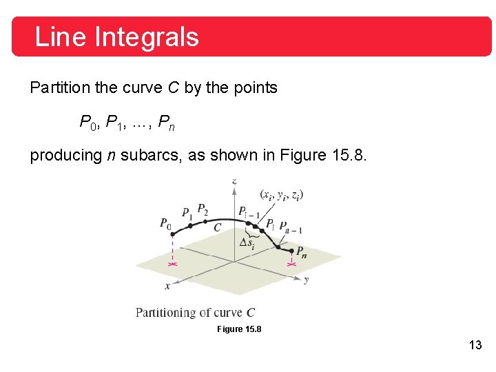 Line Integrals Partition the curve C by the points P 0, P 1, …, Line Integrals Partition the curve C by the points P 0, P 1, …,