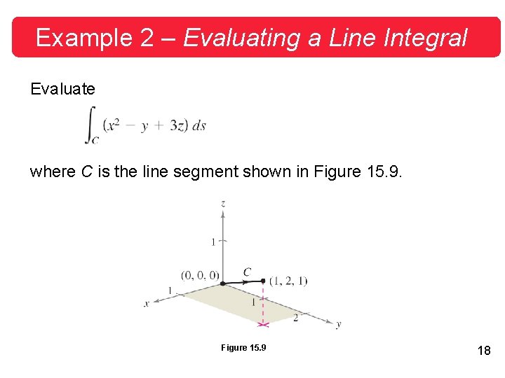 Example 2 – Evaluating a Line Integral Evaluate where C is the line segment Example 2 – Evaluating a Line Integral Evaluate where C is the line segment