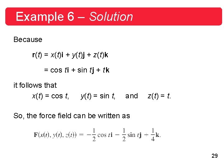Example 6 – Solution Because r(t) = x(t)i + y(t)j + z(t)k = cos Example 6 – Solution Because r(t) = x(t)i + y(t)j + z(t)k = cos