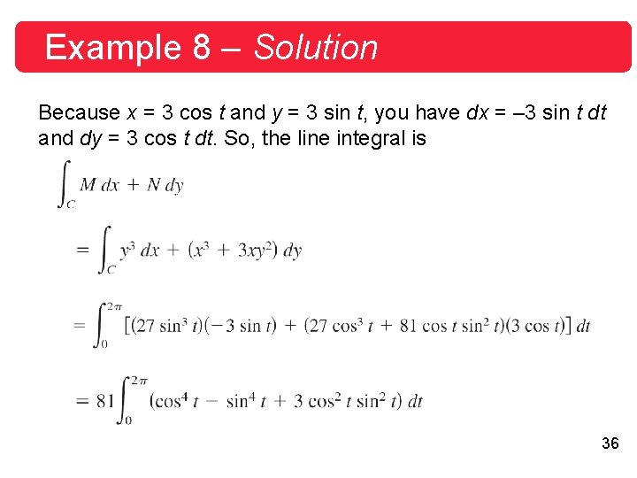 Example 8 – Solution Because x = 3 cos t and y = 3 Example 8 – Solution Because x = 3 cos t and y = 3
