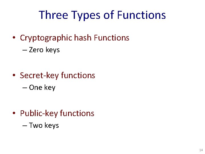 Three Types of Functions • Cryptographic hash Functions – Zero keys • Secret-key functions