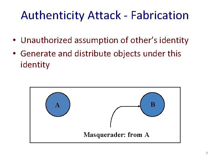 Authenticity Attack - Fabrication • Unauthorized assumption of other’s identity • Generate and distribute