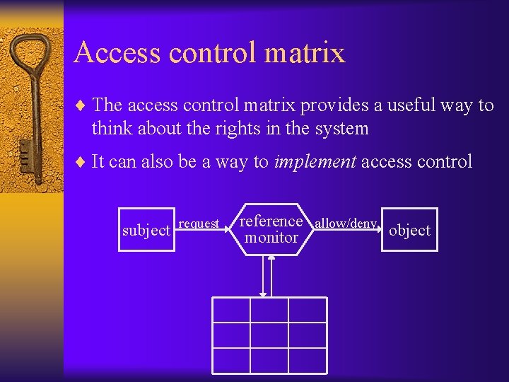 Access control matrix ¨ The access control matrix provides a useful way to think