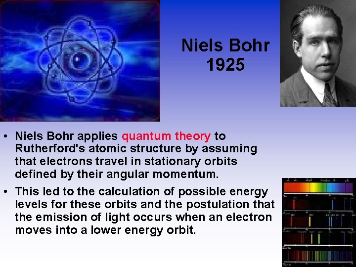 Niels Bohr 1925 • Niels Bohr applies quantum theory to Rutherford's atomic structure by