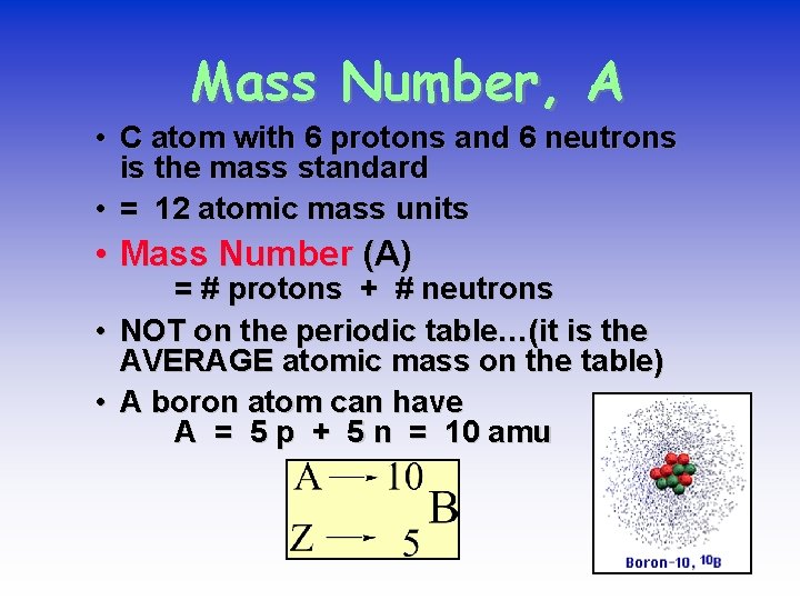 Mass Number, A • C atom with 6 protons and 6 neutrons is the