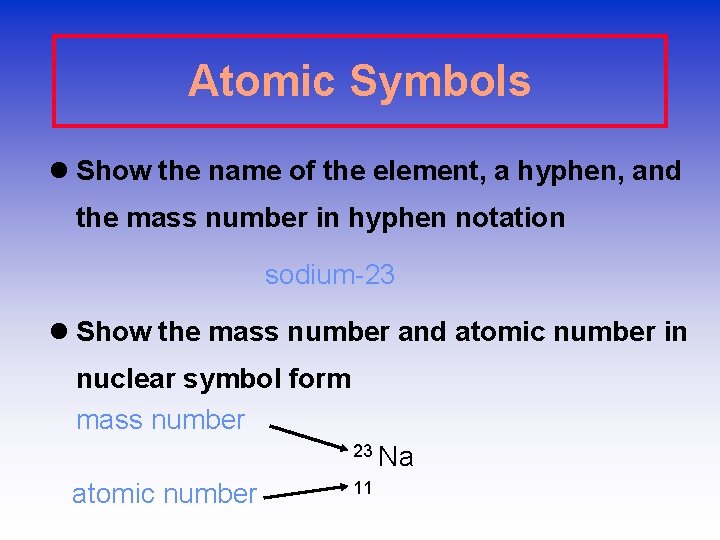 Atomic Symbols l Show the name of the element, a hyphen, and the mass