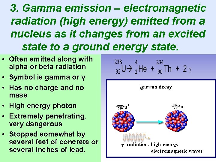 3. Gamma emission – electromagnetic radiation (high energy) emitted from a nucleus as it