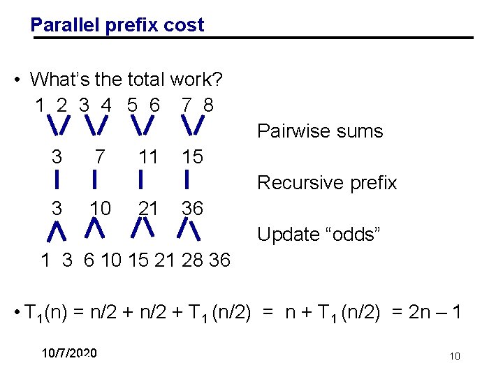 Parallel prefix cost • What’s the total work? 1 2 3 4 5 6