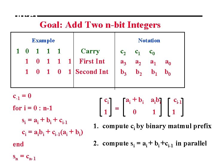 Carry-Look Ahead Addition (Babbage 1800’s) Goal: Add Two n-bit Integers Example Notation 1 0