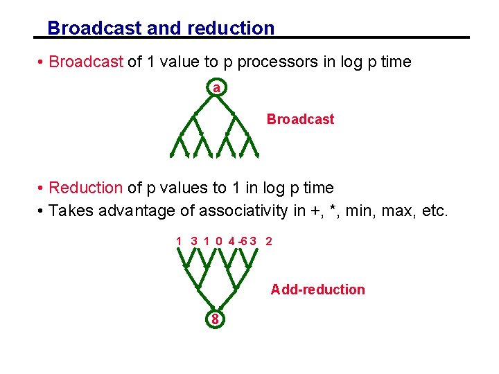 Broadcast and reduction • Broadcast of 1 value to p processors in log p