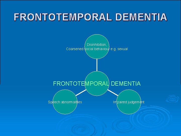 FRONTOTEMPORAL DEMENTIA Disinhibition, Coarsened social behaviour e. g. sexual FRONTOTEMPORAL DEMENTIA Speech abnormalities Impaired FRONTOTEMPORAL DEMENTIA Disinhibition, Coarsened social behaviour e. g. sexual FRONTOTEMPORAL DEMENTIA Speech abnormalities Impaired