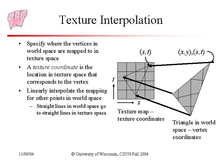 Texture Interpolation • Specify where the vertices in world space are mapped to in