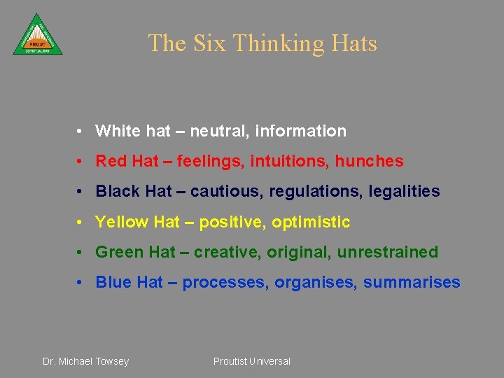 The Six Thinking Hats • White hat – neutral, information • Red Hat –