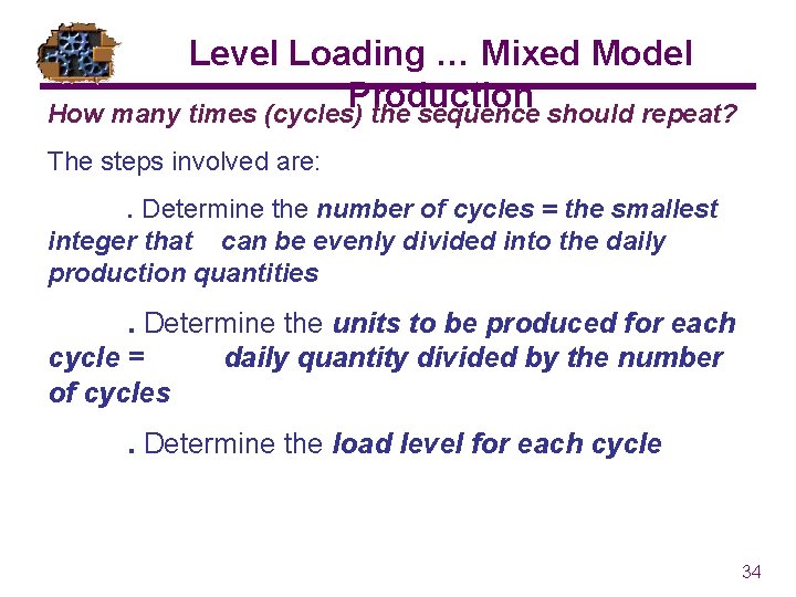 Level Loading … Mixed Model Production How many times (cycles) the sequence should repeat?