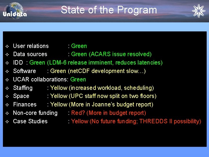 State of the Program v v v v v User relations : Green Data