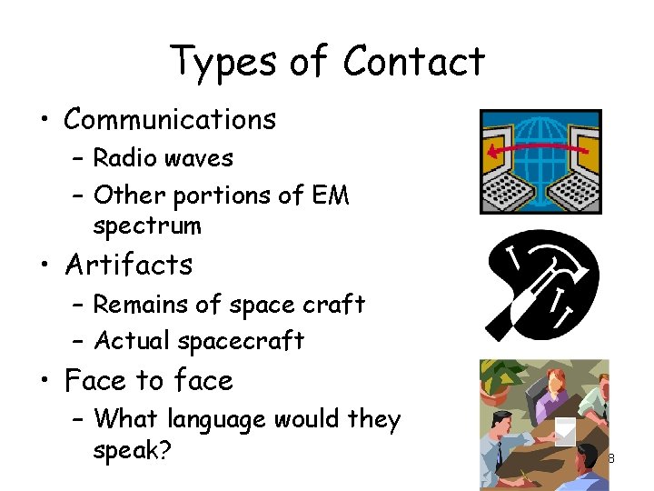 Types of Contact • Communications – Radio waves – Other portions of EM spectrum