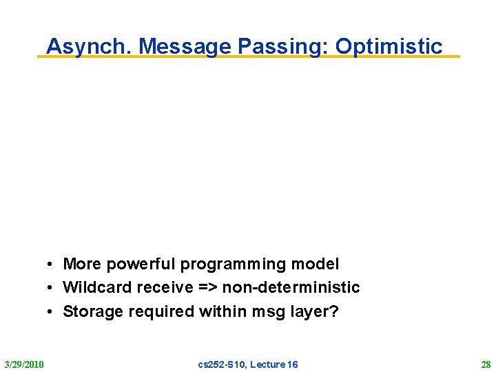 Asynch. Message Passing: Optimistic • More powerful programming model • Wildcard receive => non-deterministic