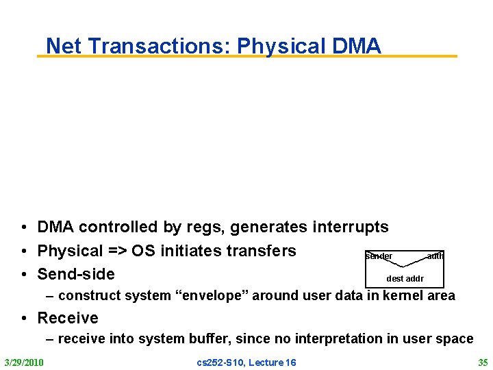 Net Transactions: Physical DMA • DMA controlled by regs, generates interrupts • Physical =>