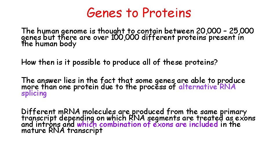 Genes to Proteins The human genome is thought to contain between 20, 000 –