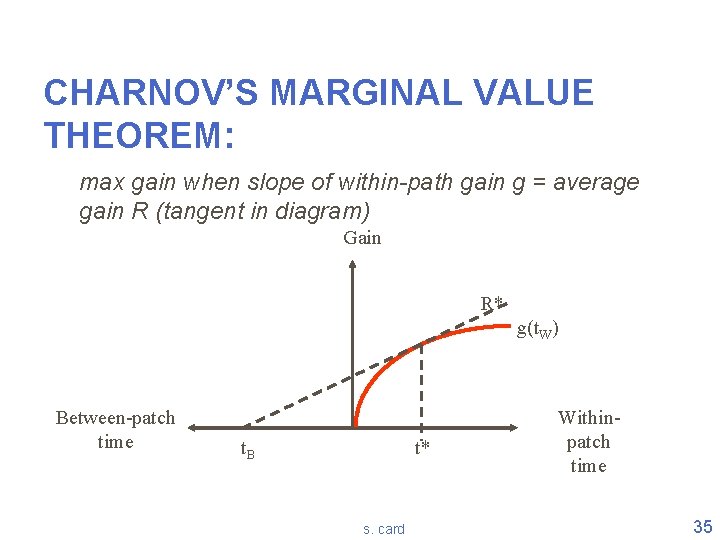 CHARNOV’S MARGINAL VALUE THEOREM: max gain when slope of within-path gain g = average