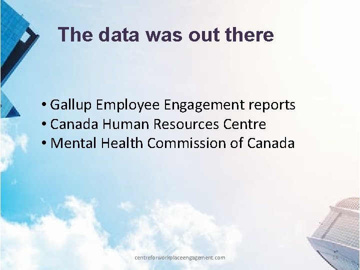 The data was out there • Gallup Employee Engagement reports • Canada Human Resources