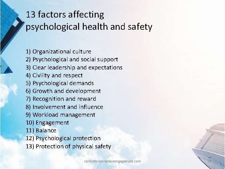 13 factors affecting psychological health and safety 1) Organizational culture 2) Psychological and social