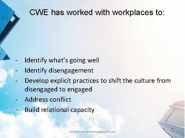 CWE has worked with workplaces to: - Identify what’s going well - Identify disengagement