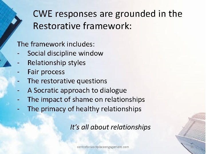 CWE responses are grounded in the Restorative framework: The framework includes: - Social discipline