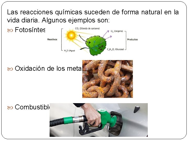 Las reacciones químicas suceden de forma natural en la vida diaria. Algunos ejemplos son:
