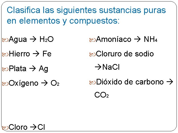 Clasifica las siguientes sustancias puras en elementos y compuestos: Agua H 2 O Amoníaco