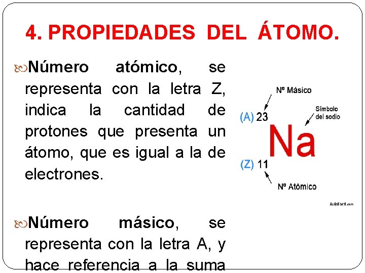 4. PROPIEDADES DEL ÁTOMO. Número atómico, se representa con la letra Z, indica la