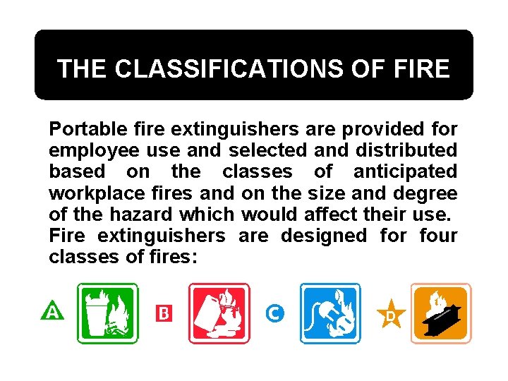 THE CLASSIFICATIONS OF FIRE Portable fire extinguishers are provided for employee use and selected