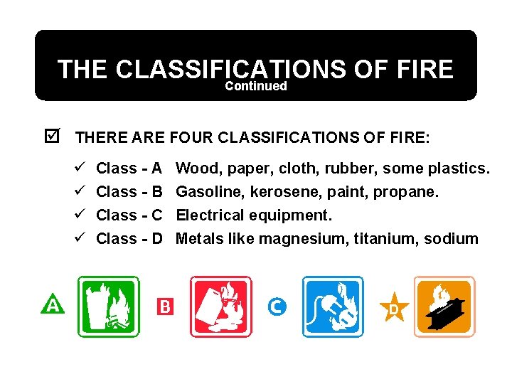 THE CLASSIFICATIONS OF FIRE Continued þ THERE ARE FOUR CLASSIFICATIONS OF FIRE: ü ü