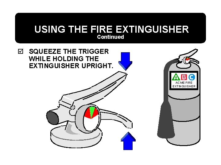 USING THE FIRE EXTINGUISHER Continued þ SQUEEZE THE TRIGGER WHILE HOLDING THE EXTINGUISHER UPRIGHT.
